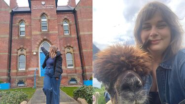 (left) photograph of Georgina outside Bartolomé House, School of Law (right) photograph of Georgina on an Alpaca hike