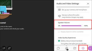 A screenshot of audio and video settings in Blackboard Collaborate. The "Speaker Volume" option is highlighted.