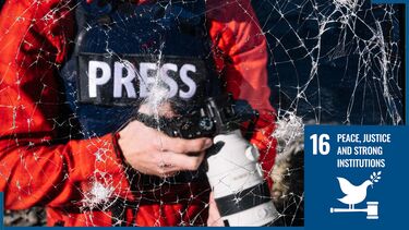 UN sustainable development goal 16 with image of press journalist with camera