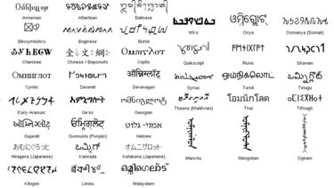 An image showing the word "Omniglot" in lots of different scripts, including Cryrillic, Georgian, Katakana and Malayalam