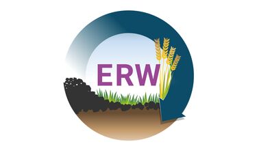UK ERW GGR Demonstrator logo, featuring a circular blue arrow arising from a pile of crushed rocks and returning to earth amidst crops and grassland.