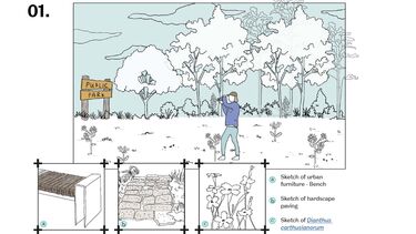 Example sketch of a public park showing the urban furniture, hardscape paving and planting