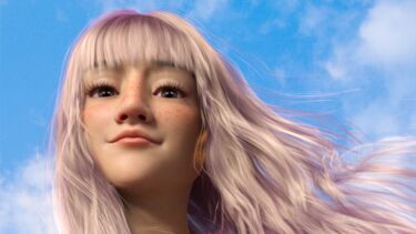 VIDA, a digital character, with her hair blowing in the wind with blue skies.