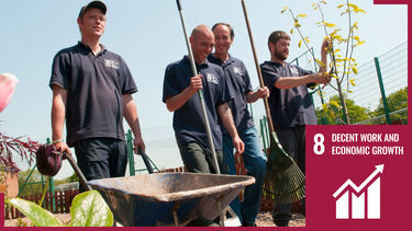 Group of university gardeners with sdg8 logo overlaid