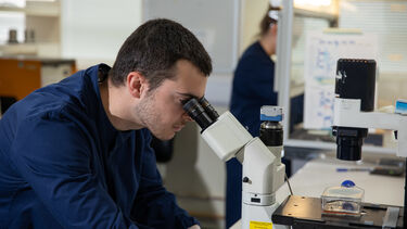 Student looking through a microscope in a lab