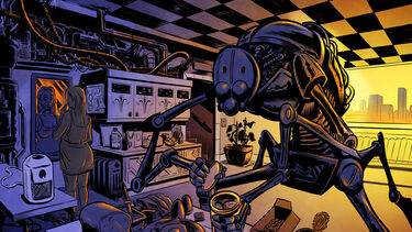 Illustration of a care robot in a woman's home