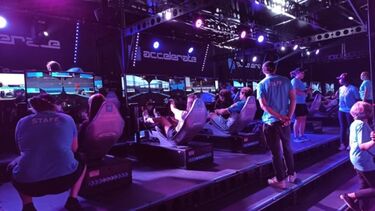 A photograph taken by Kacper of the Formula E simulators at the event