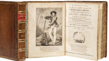 18th century leather bound book open on the first page and you see Stedman as soldier