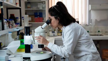 Researcher using the microscope