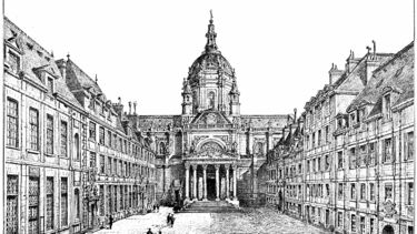 An old black and white line drawing of a building.