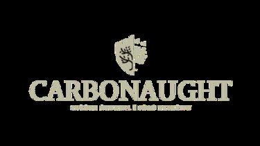 Carbonaught logo with a tree on a shield above company name in beige