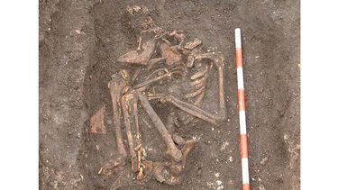 A photo of skeleton SK3870 on site at the excavations at York Barbican. Credit: On Site Archaeology.