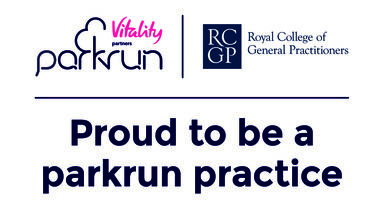 Vitality parkrun logo and Royal College of General Practitioners logo above the text Proud to be a parkrun practice