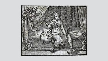 Venus sits on bed with her left foot on a tortoise