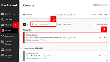 Blackboard course interface. The courses tab in the left-hand menu, a course name and the search your courses field are highlighted 