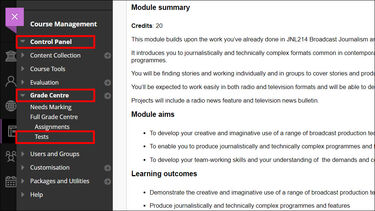 Blackboard left-hand course menu. Course Management section. Control Panel, Grade Centre and Tests options highlighted.