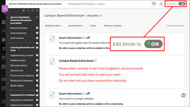 Blackboard course interface. The Edit Mode toggle is highlighted.