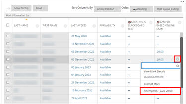 Blackboard Grade Centre column. A downward arrow and assessment attempt are highlighted. 