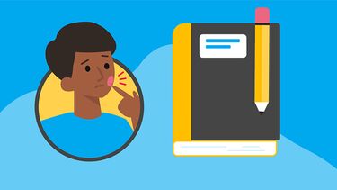 Illustration of a child with tooth pain pointing at their cheek, next to a journal.