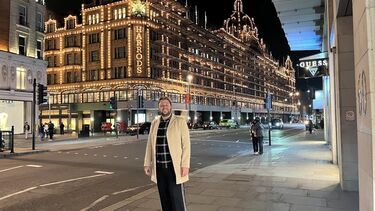 Matt Neal standing outside the shop Harrods.