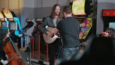 Shot of music video shoot with instruments