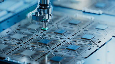 A close up of semiconductors during the manufacturing process
