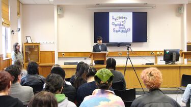 Surabhi delivering a welcome talk to an audience before the first Lecture on Gender and Sexuality inside the Moot Court