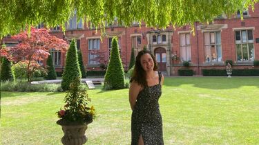Photo of postgraduate student Stephanie Damaceno outside Firth Court