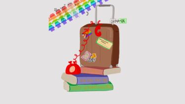 Lecture on Gender and Sexuality poster image for the second lecture. Has a suit case on top of 3 books with a Dial telephone wrapped around the handle. Suitcase has a China to UK tag on it. Poster is hand drawn.