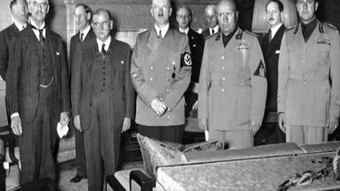 Neville Chamberlain, Édouard Daladier, Adolf Hitler, Benito Mussolini, and Galeazzo Ciano pictured before signing the Munich Agreement (1938)