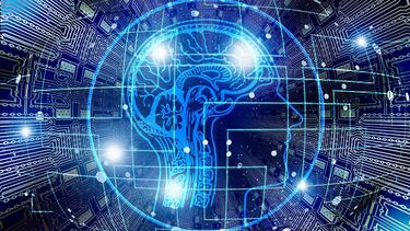 Abstract image of a human brain surrounded by data