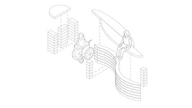 Northbound collective proposition, showing the two benches construction details next to an image of a wheelchair user. 