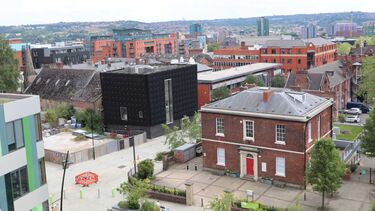 Long distance photograph of the Humanities Research Institute building.
