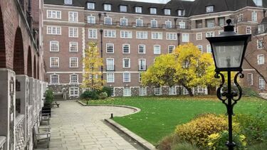 The Gardens of Goodenough College, A large open grass space surrounded by the college building with lamp post in foreground