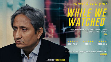 A man with grey hair dressed in a suit. Text: WHILE WE WATCHED, one reporter's unshakeable quest to speak the truth.