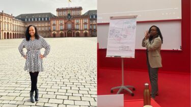 Lauren outside Mannheim Business School and Lauren giving a presentation.