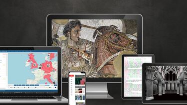 Graphic of a collection of computers, phones and tablets showing research