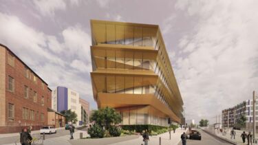 Architectural impression of new 5 storey building with lots of glazing and gold coloured aluminium facade