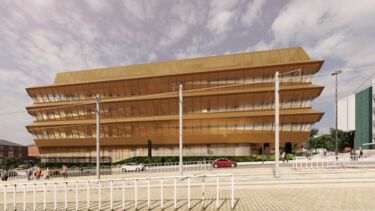 Architectural impression of new 5 storey building with lots of glazing and gold coloured aluminium facade 2