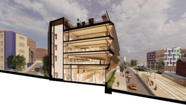 Architectural impression of new 5 storey building showing the cross section of the floors