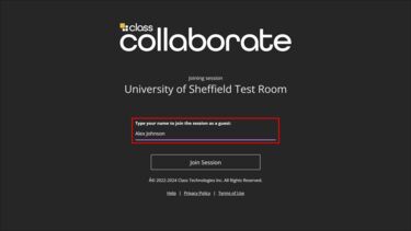 Screenshot of the login page for a Test Room in Blackboard Collaborate