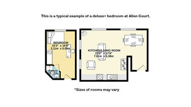 Floorplan of a deluxe+ room in Allen Court