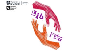 The libfest logo of a red and an orange hand around the cutout letters spelling "libfest" in purple