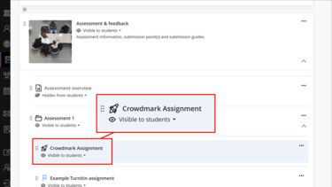 Blackboard Ultra course displaying the Assessment & Feedback learning module expanded and a Crowdmark assignment