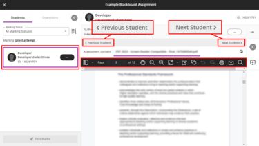 Blackboard Assignment review submission page - see accompanying text for feature descriptions