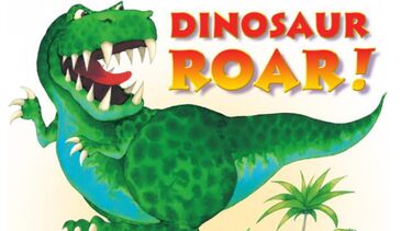 Cartoon of a roaring dinosaur with the words Dinosaur Roar! in a bold colourful font