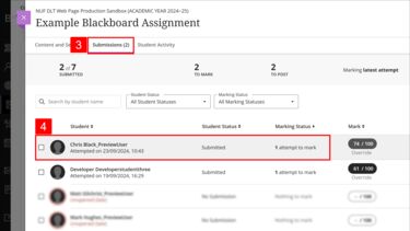 Blackboard Assignment Submissions tab with a student submission highlighted