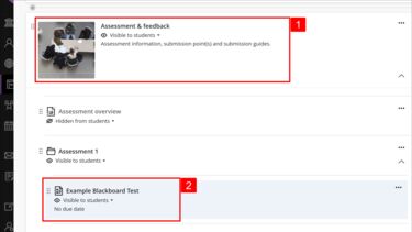 Blackboard Ultra course displaying the Assessment & Feedback learning module expanded and a Blackboard Test