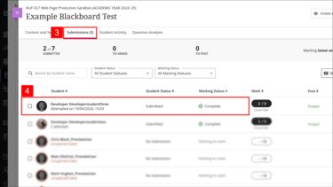 Blackboard Test Submissions tab with a student submission highlighted