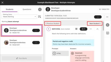 Blackboard Test review page - see accompanying text for feature descriptions